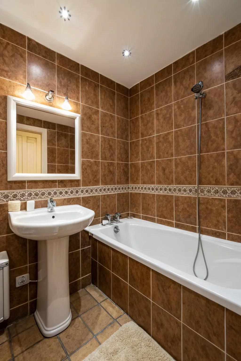 Bright fixtures beautifully contrast with brown tiles, producing a timeless appearance.