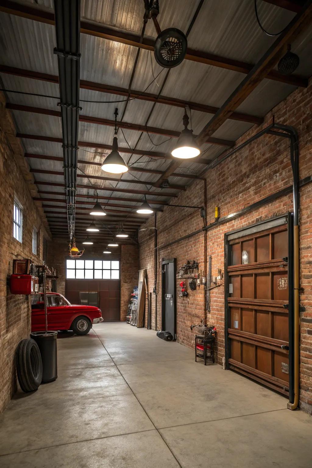 Factory-inspired decor lends a durable, timeless charm to a vintage garage.
