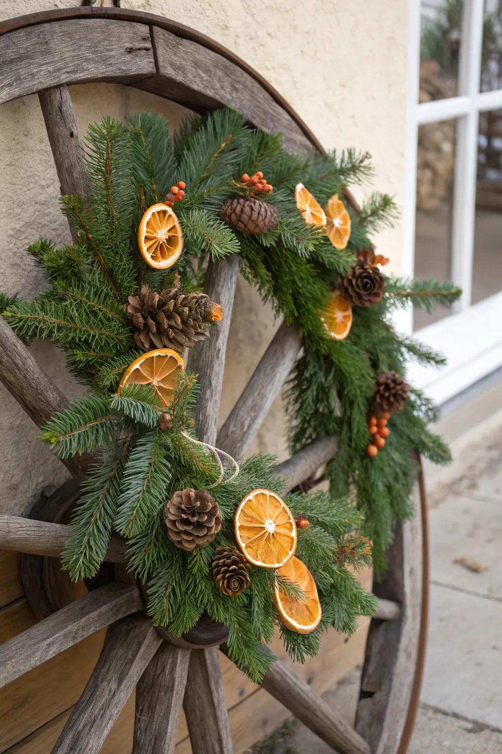 A cartwheel festooned with evergreen and dehydrated citrus, composing a joyful yuletide garland.