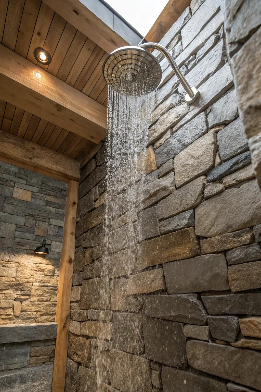 Cascading showerhead paired with stone-clad walls in a shower.