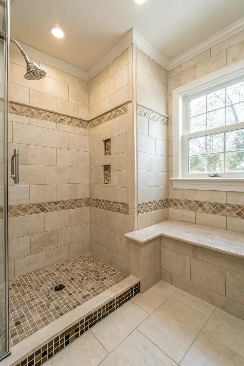 A corner bench fits perfectly in a small shower, adding style and function.