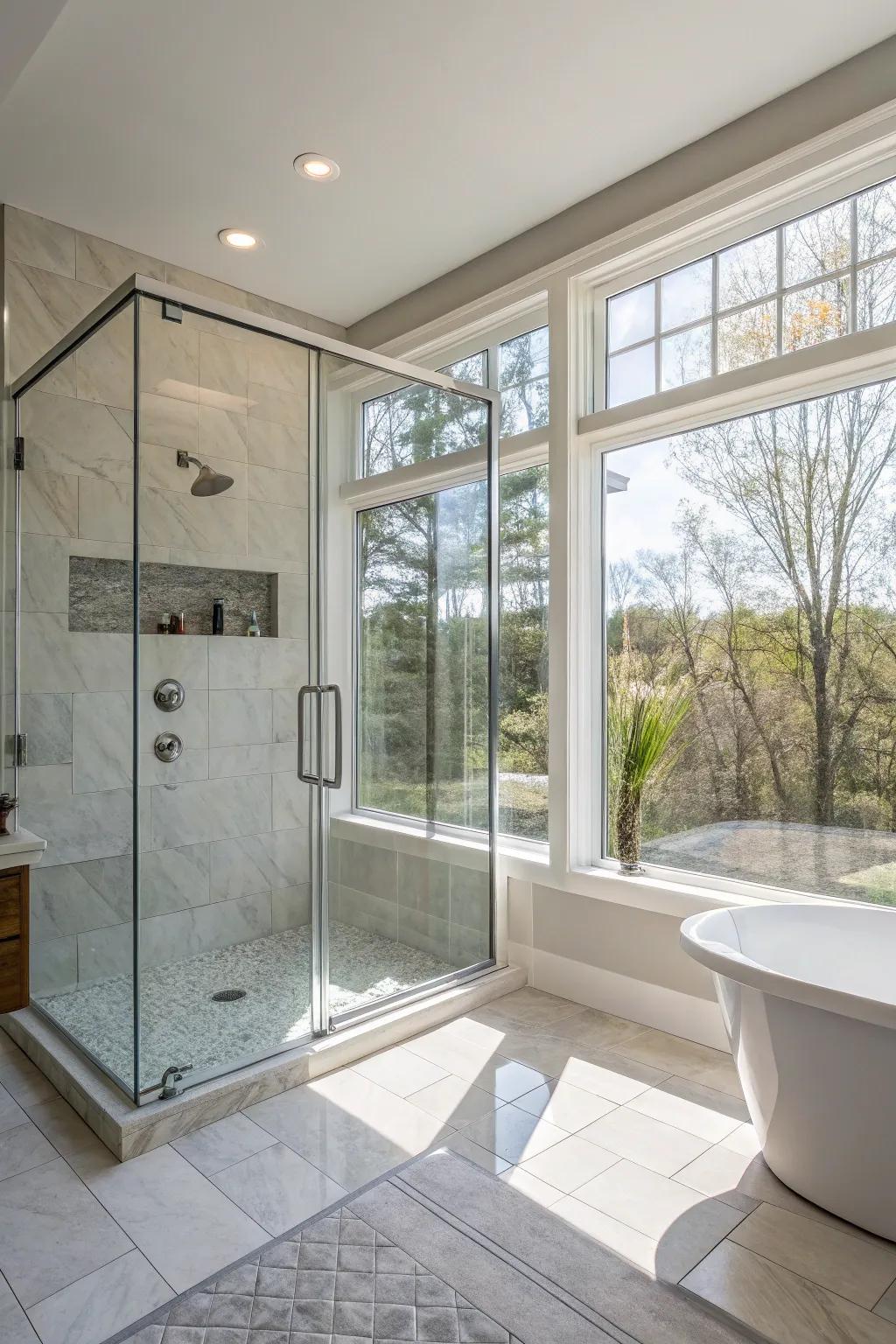 Sunlight pours into this walk-in shower, establishing an inviting mood.