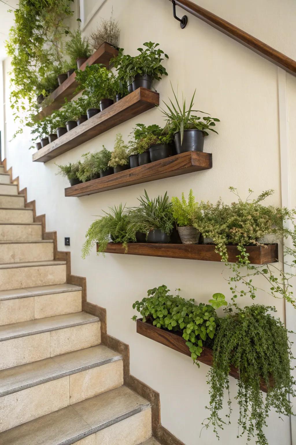 Immerse your home in nature with a green, plant-adorned stairway area.