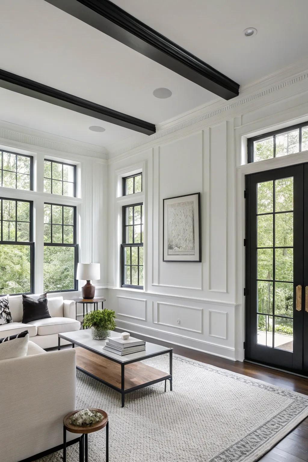 Refined and dramatic, featuring white walls and black trim.