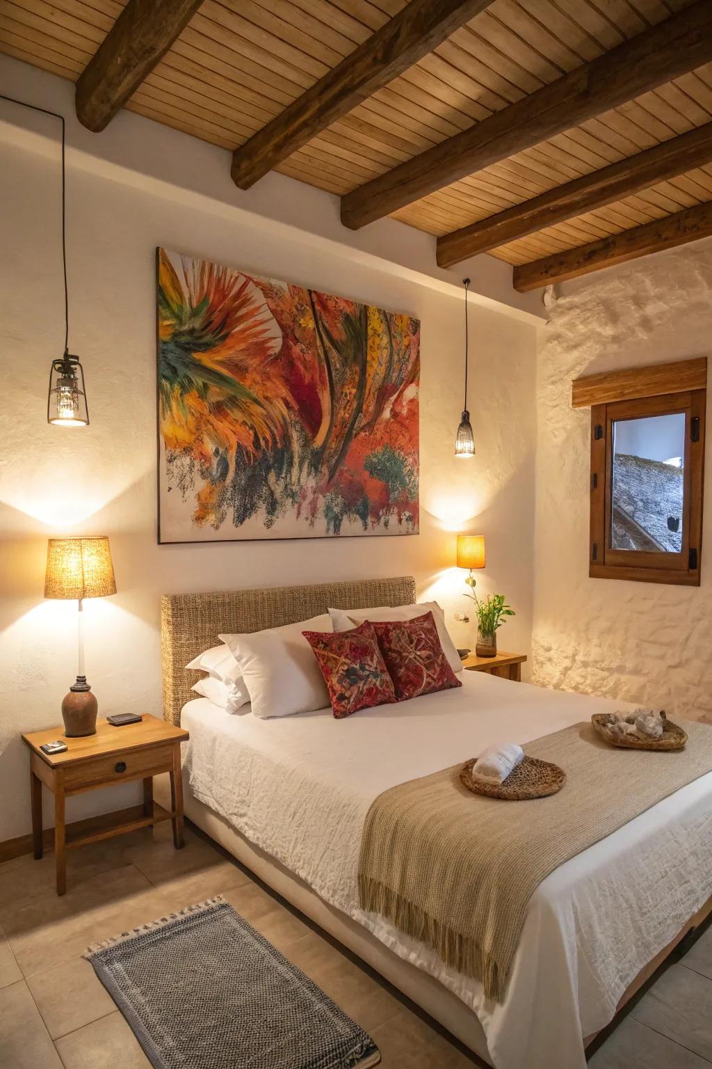 A non-representational painting adds personality beyond the bed.