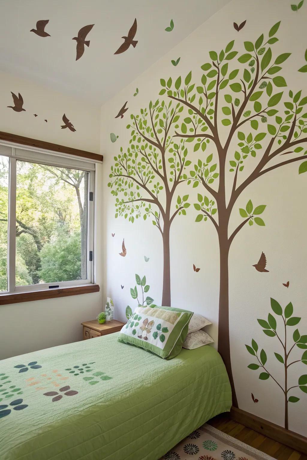 Nature-inspired appliqués add a tranquil touch to this bedroom.