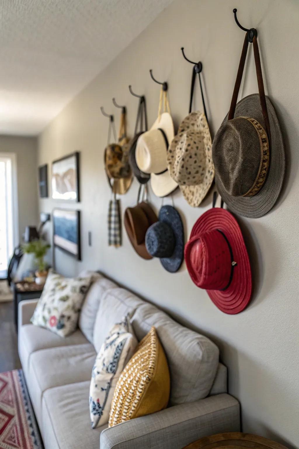 A curated wall of hats using ornamental hangers