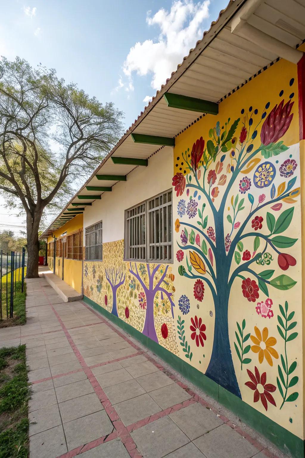 A school wall enhanced with nature-inspired decorations