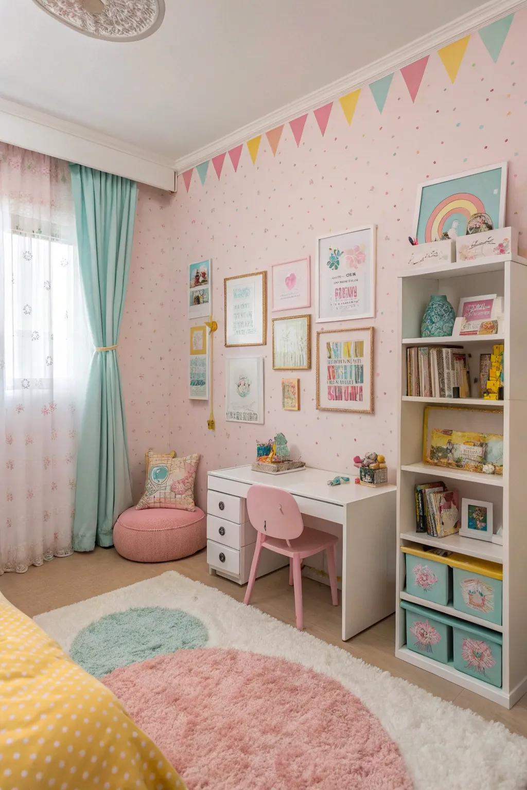 Soft hues foster a calming and welcoming ambiance in a girl's bedroom.