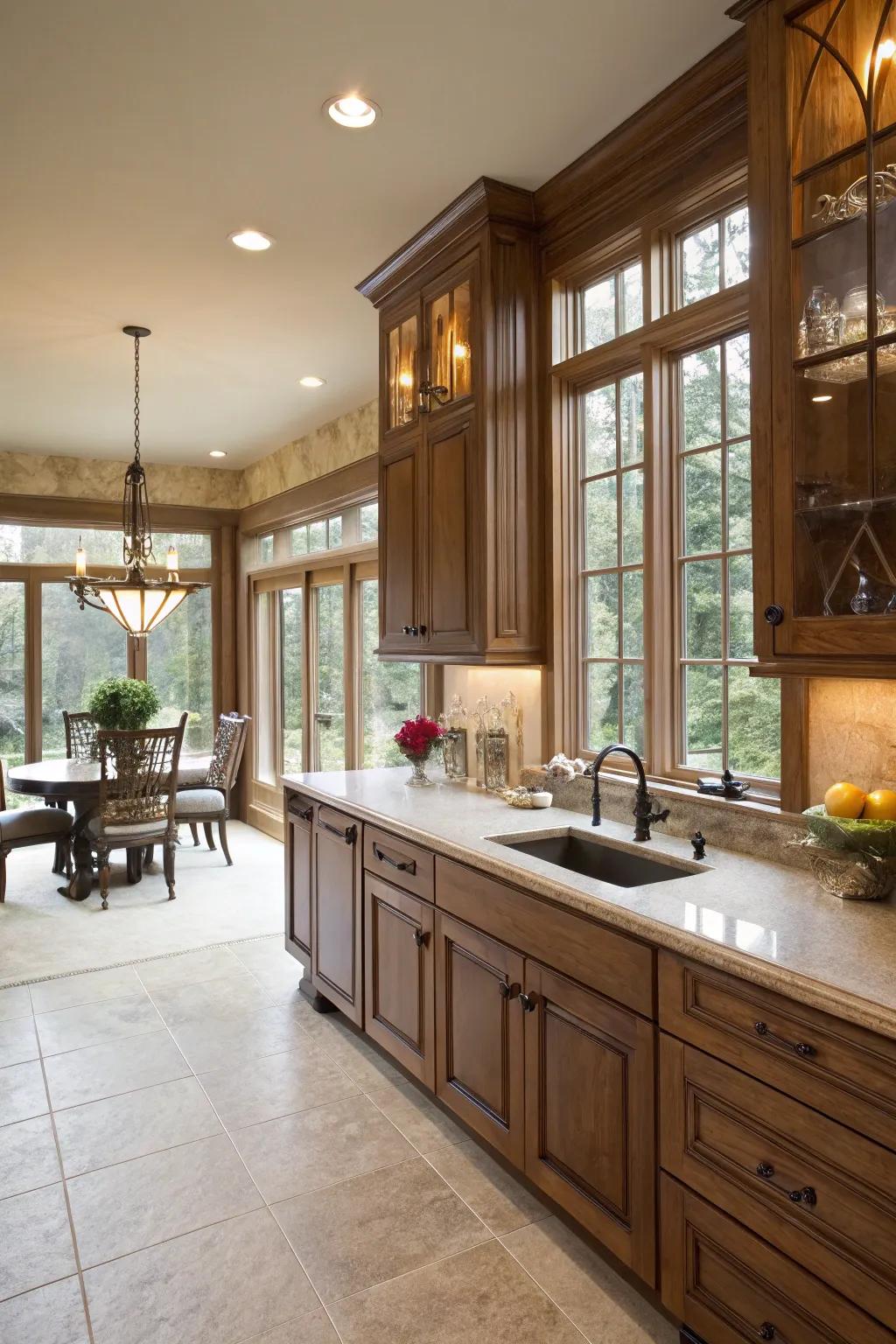Sunlight naturally draws attention to the cozy undertones within walnut cabinets.