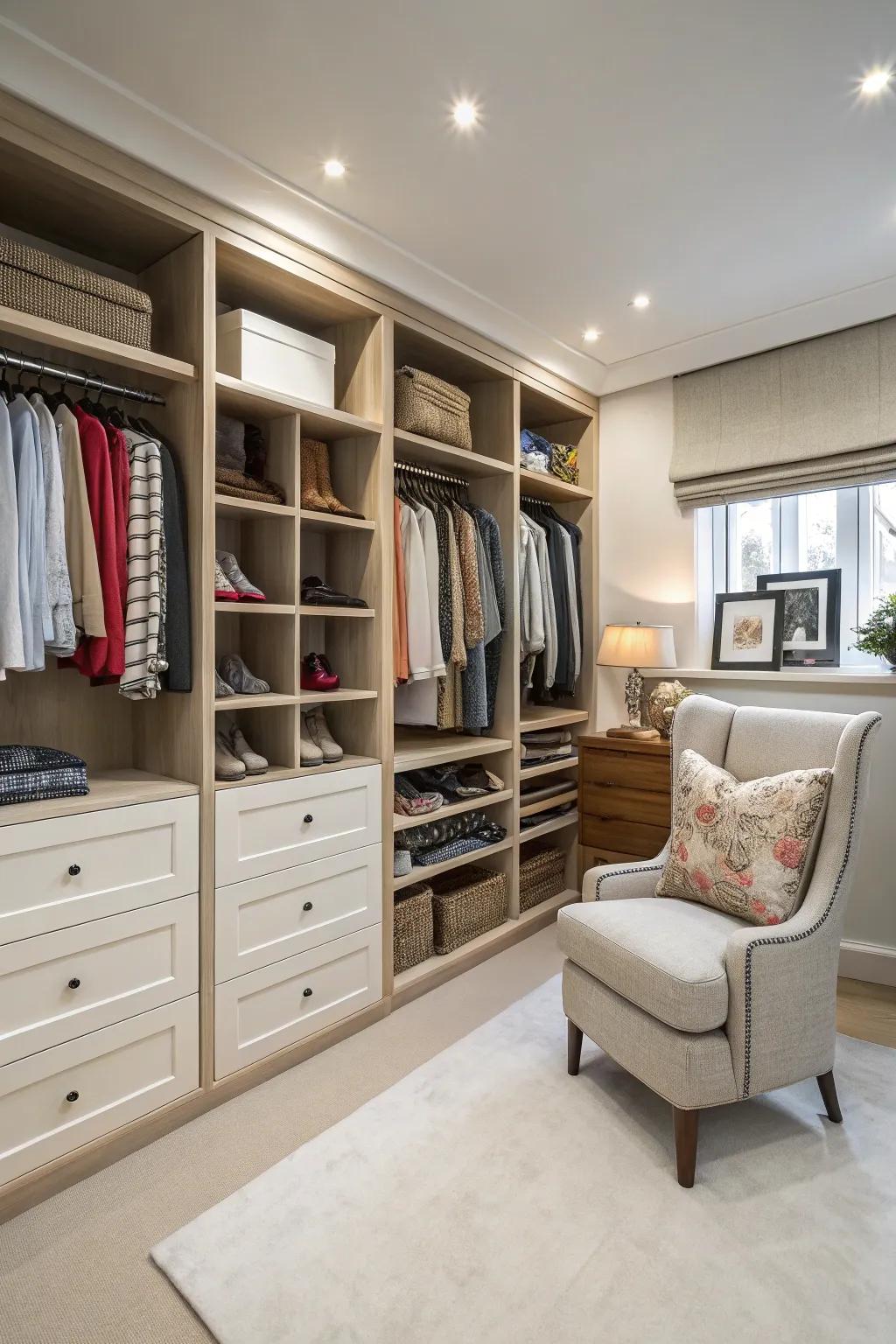 A lavish walk-in closet showcasing structured storage.