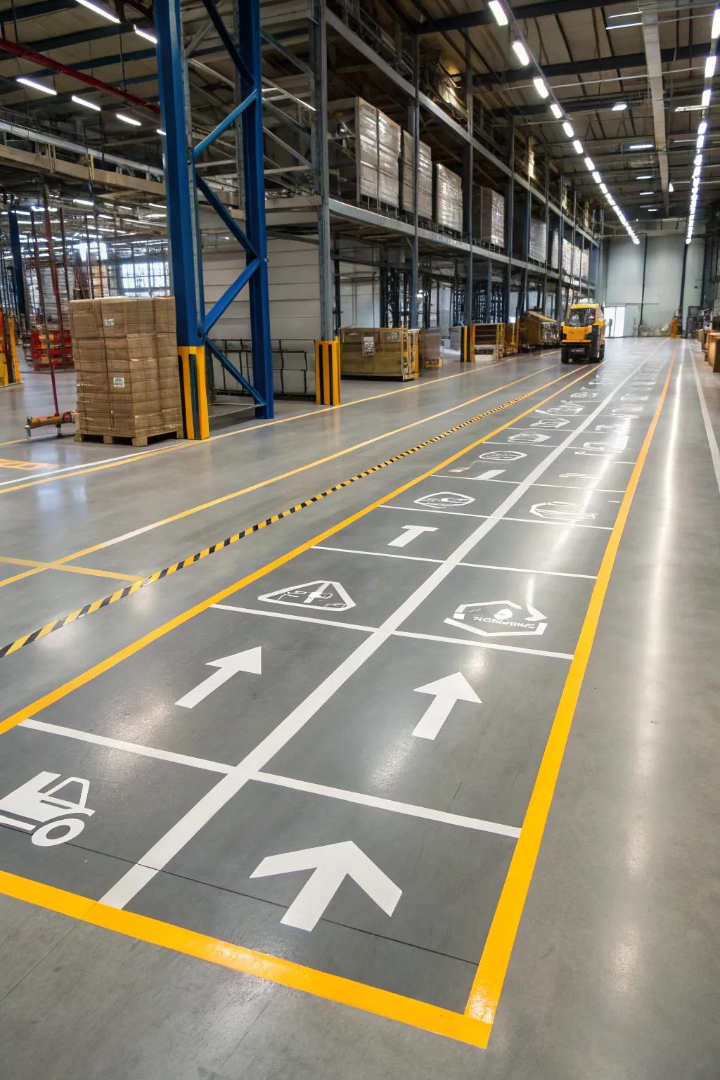 A well-defined layout featuring designated passageways improves efficiency in warehouse environments.