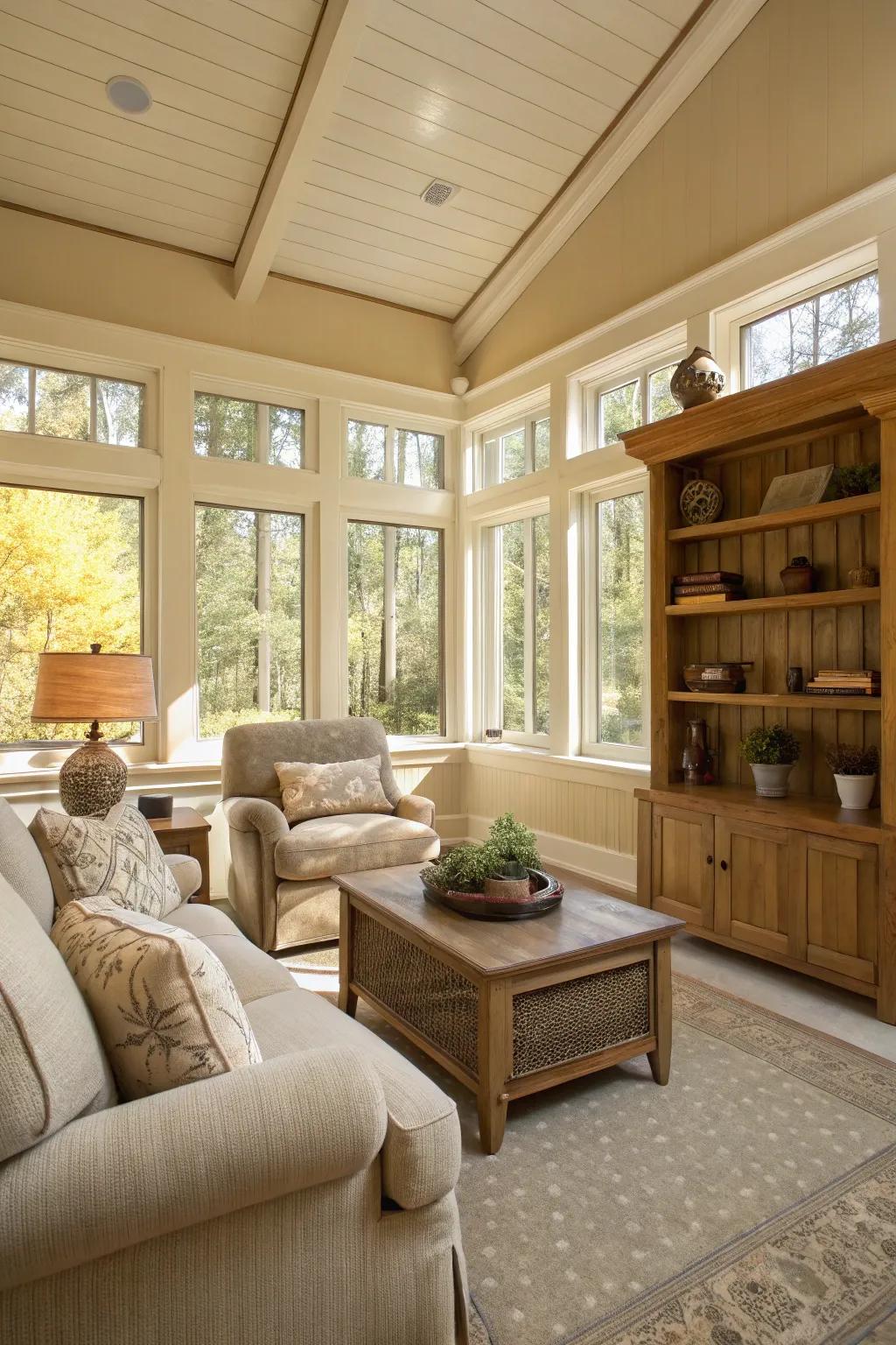 Sunroom with inviting tan walls, presenting a cozy and welcoming area.