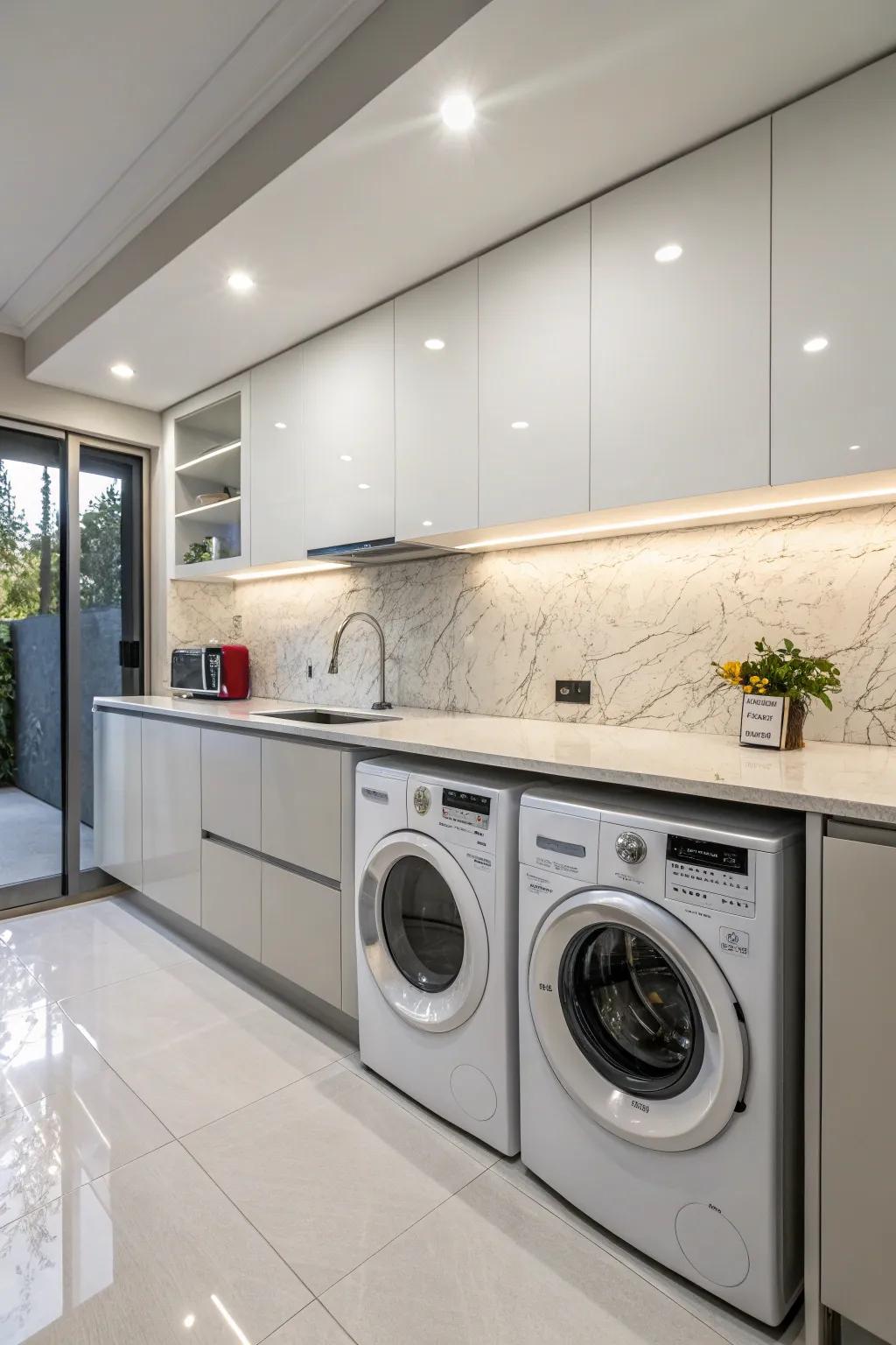 Clothes cleaning system smartly tucked below a kitchen countertop.