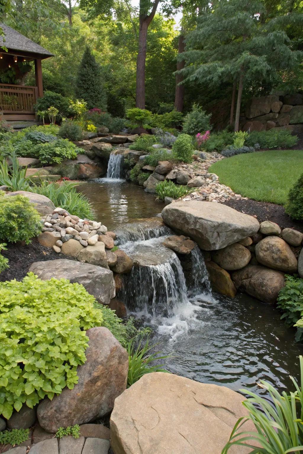 A garden creek with a waterfall adds active movement to the landscape.