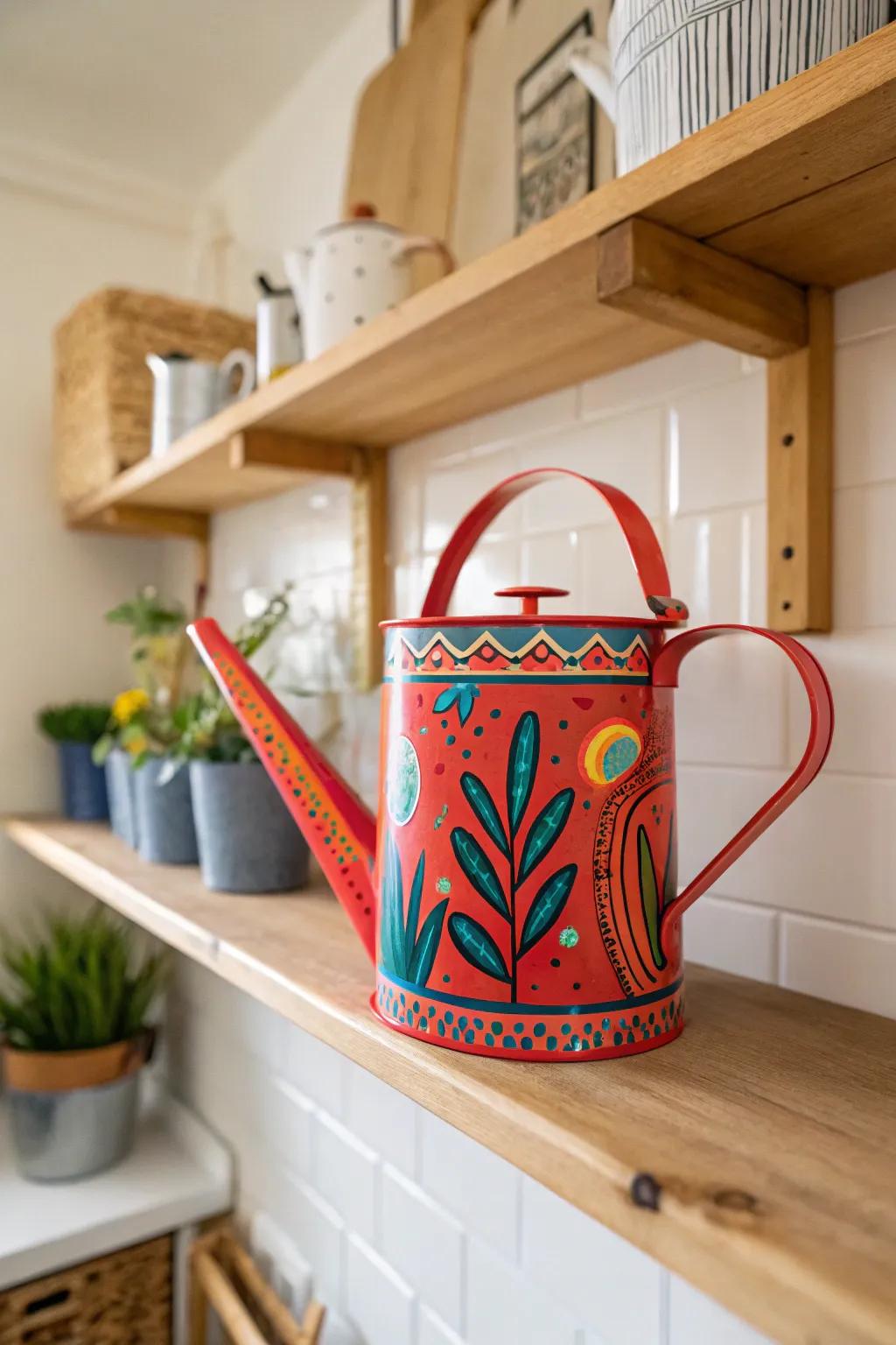 A watering can transformed into a vibrant artistic creation through paint.
