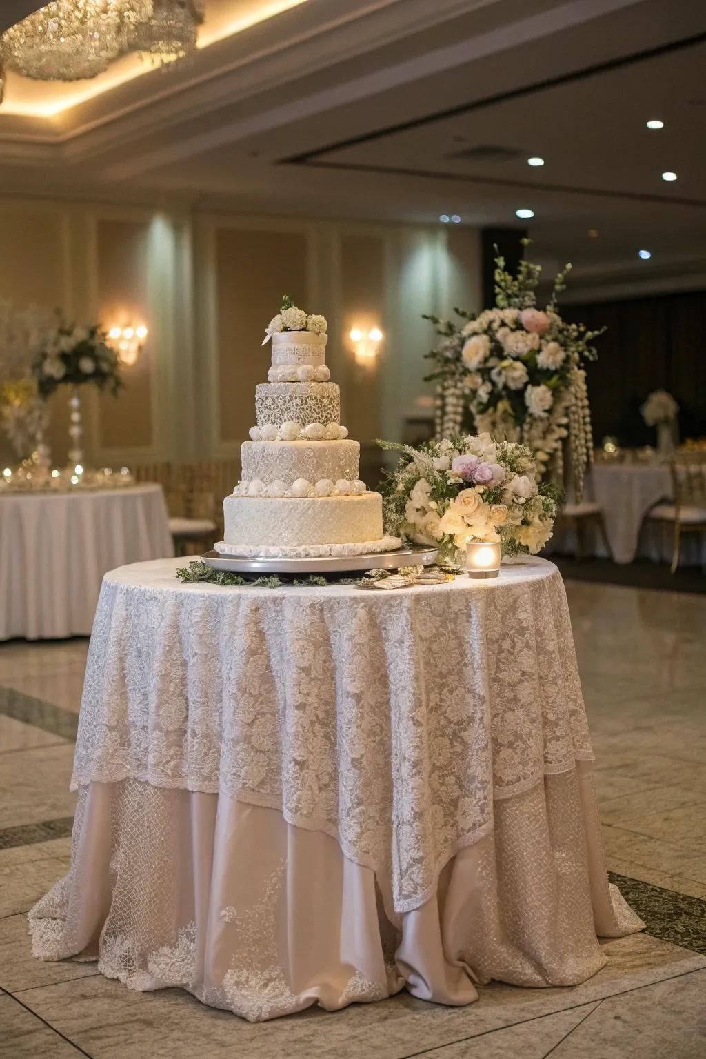 A wedding cake presented on a table covered with exquisite web fabrics.