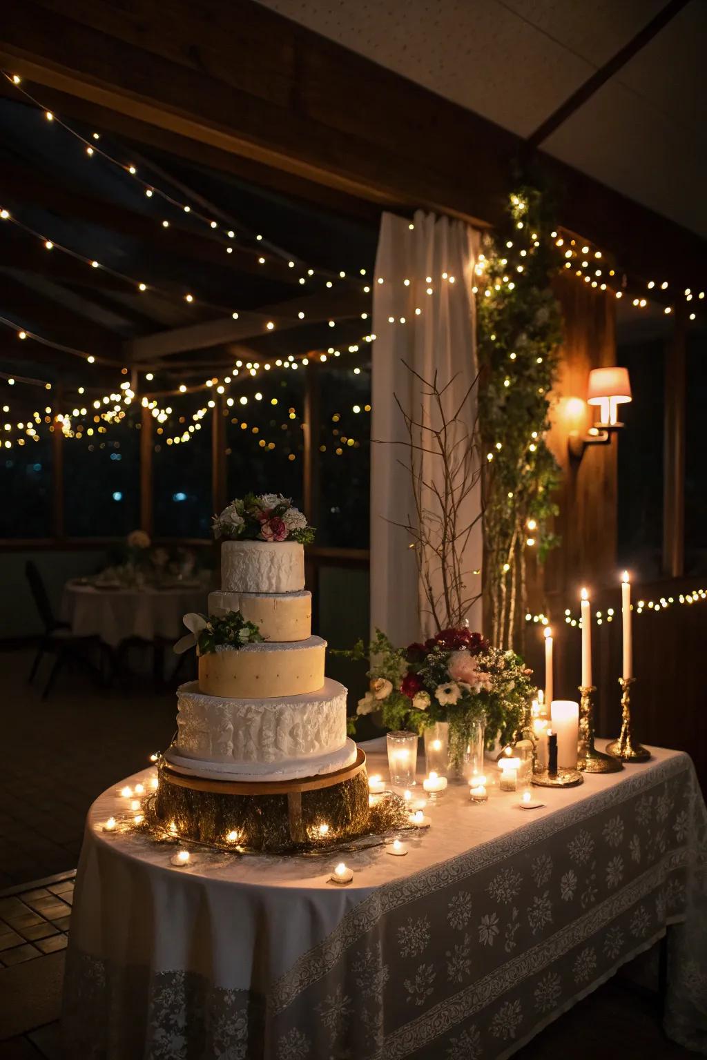 A wedding cake table radiant with twinkling lights and tapers.