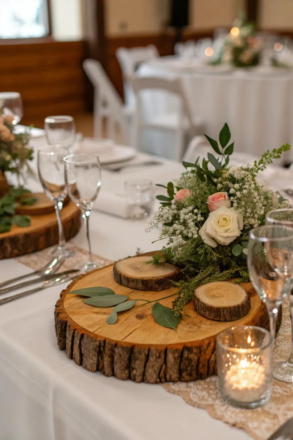 Rustic wooden disks amplify the centerpiece appeal on a wedding table.