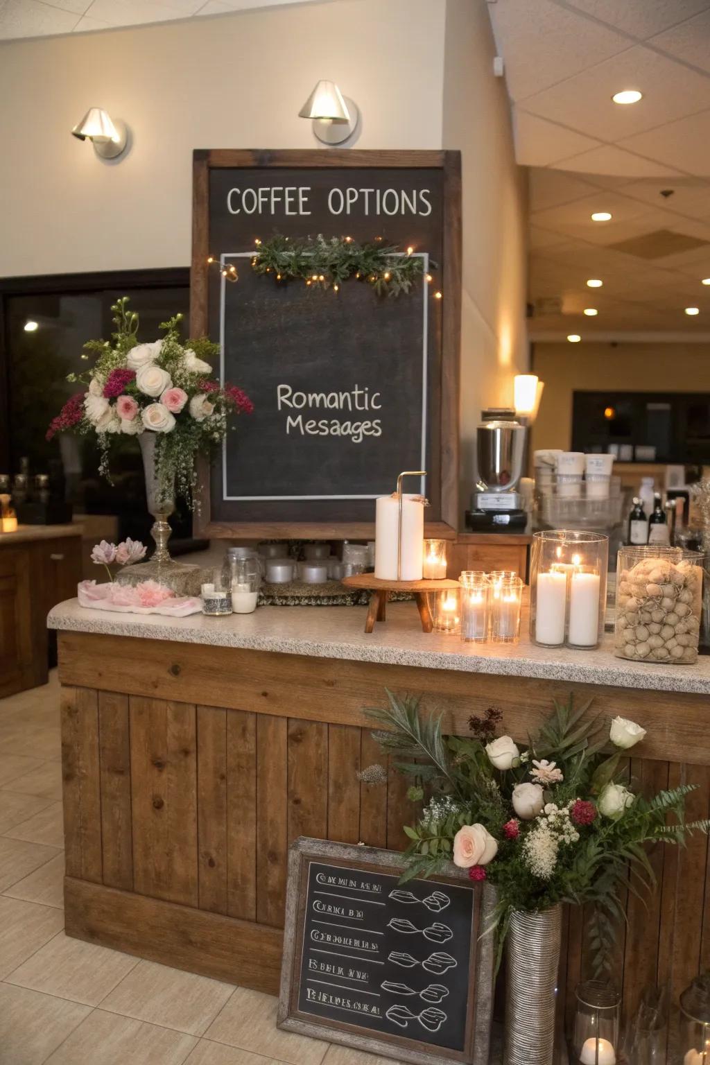 A custom black board sign at a wedding coffee corner.