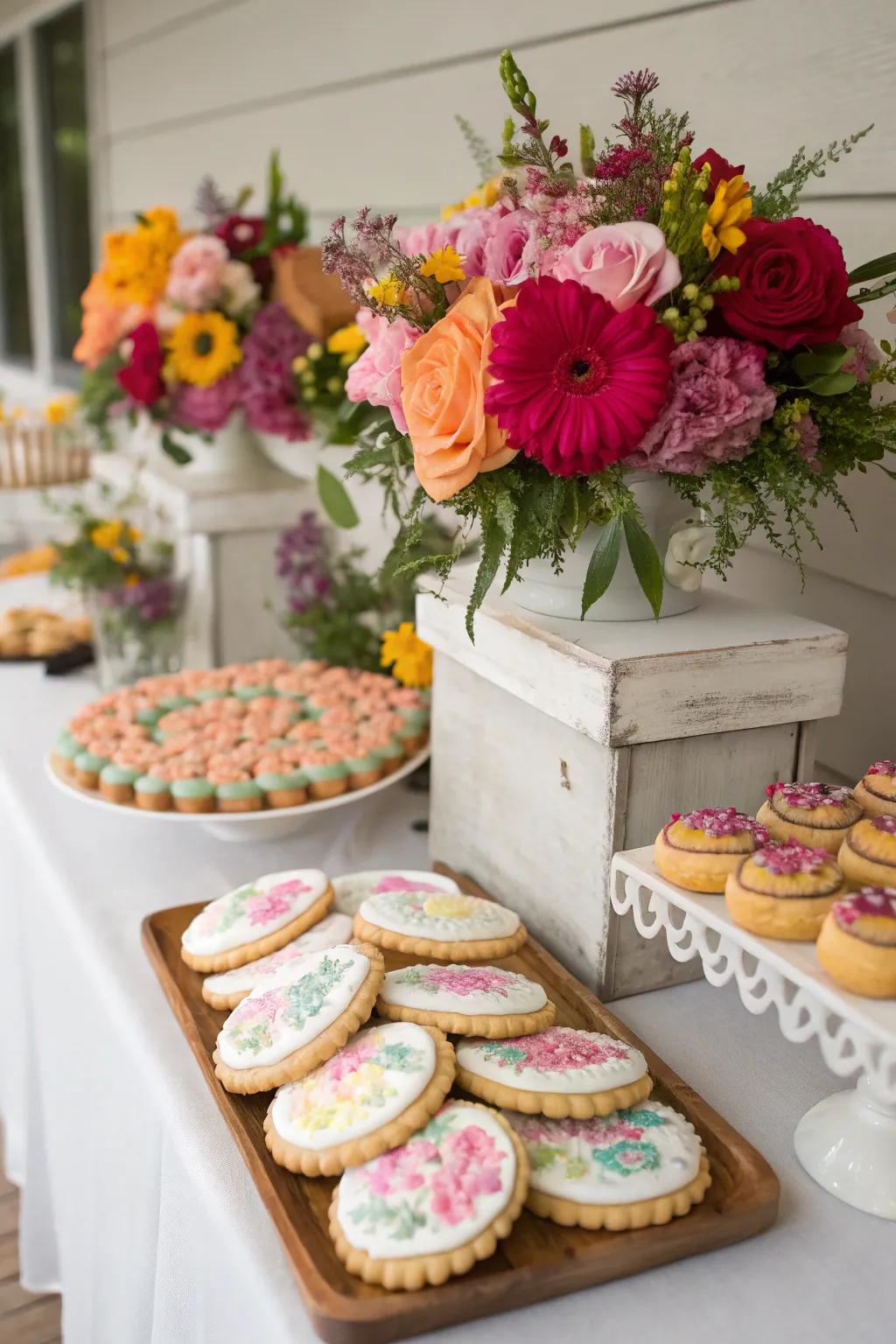 Bloom sets bring a romantic element to a wedding cookie display.