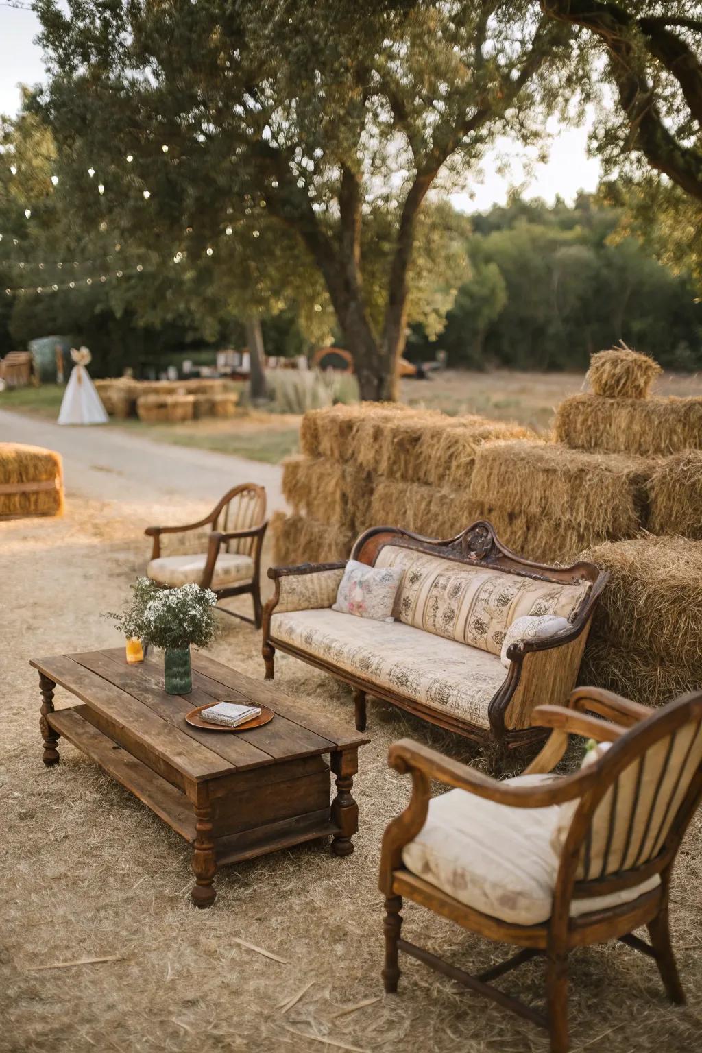 A cozy country-style seating spot for wedding attendees.