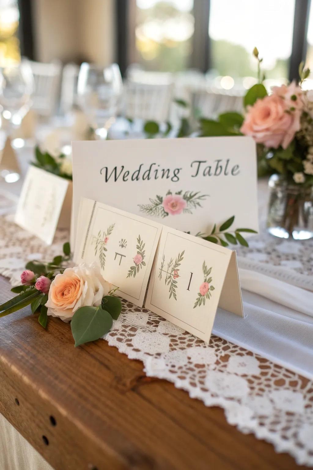 Personalized place cards gracefully positioned on a wedding table, providing a personal detail.