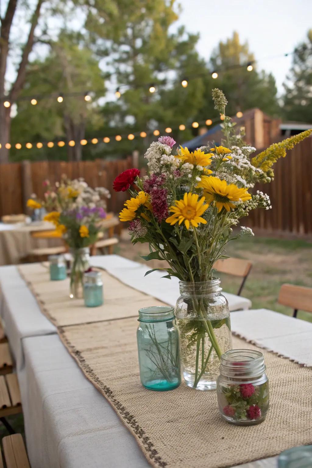 Classic preserving jars populated with untamed blossoms for a countryside accent
