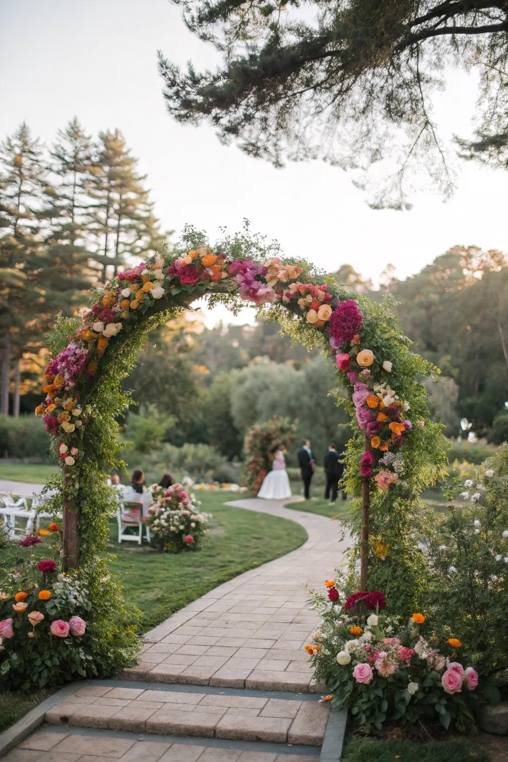 An enchanting floral arch placed in an outdoor setting, providing a gorgeous backdrop for the ceremony.