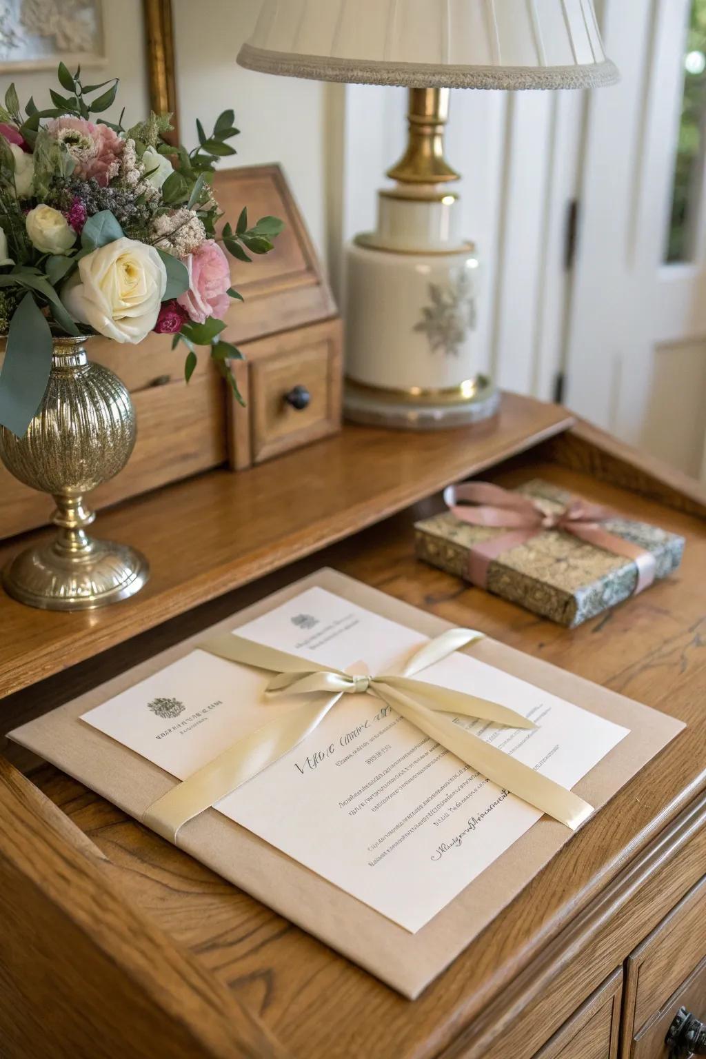 Silken fabric enclosure adding luxury to a wedding invitation.