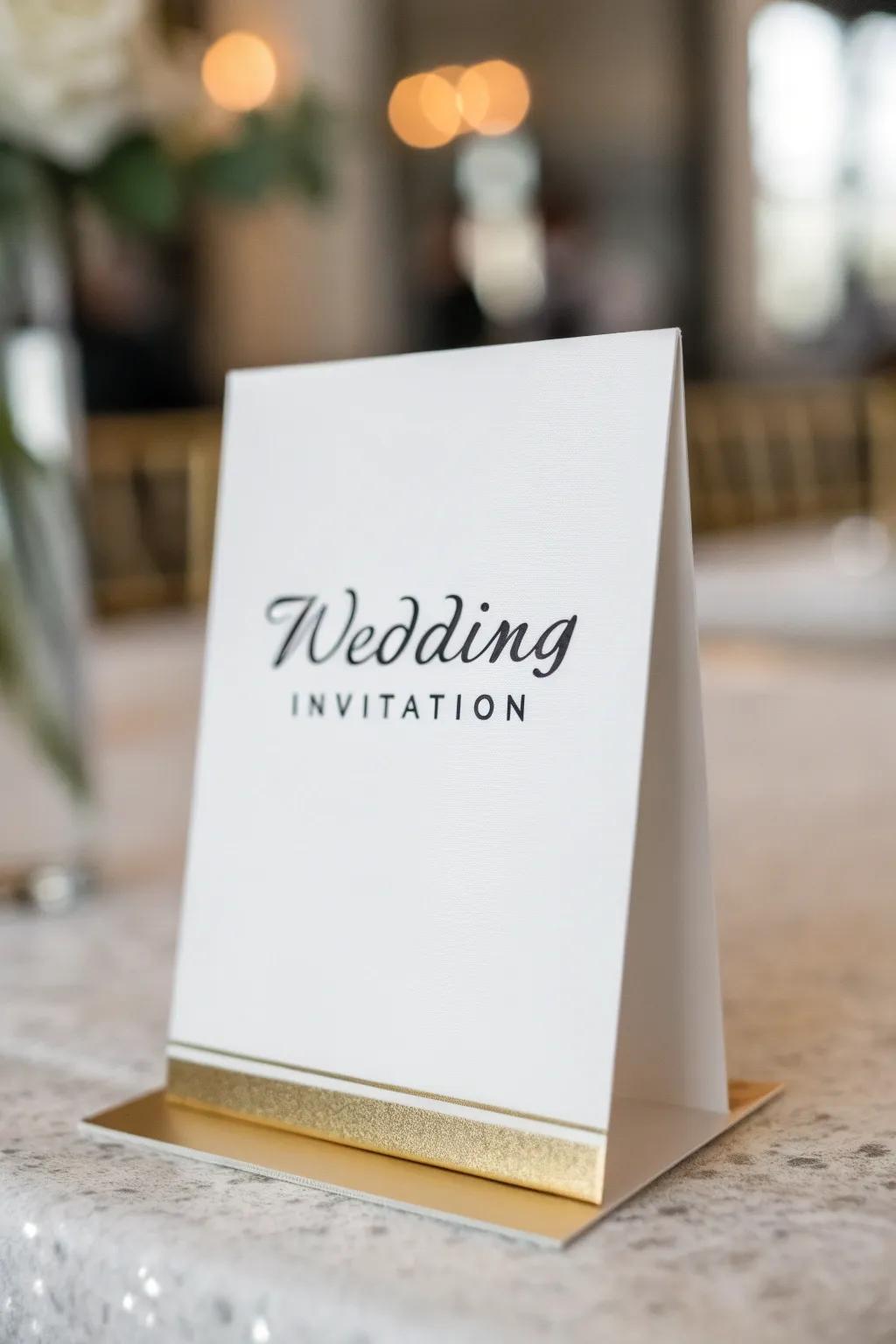 Minimalist invitation featuring black text and gilded edges.