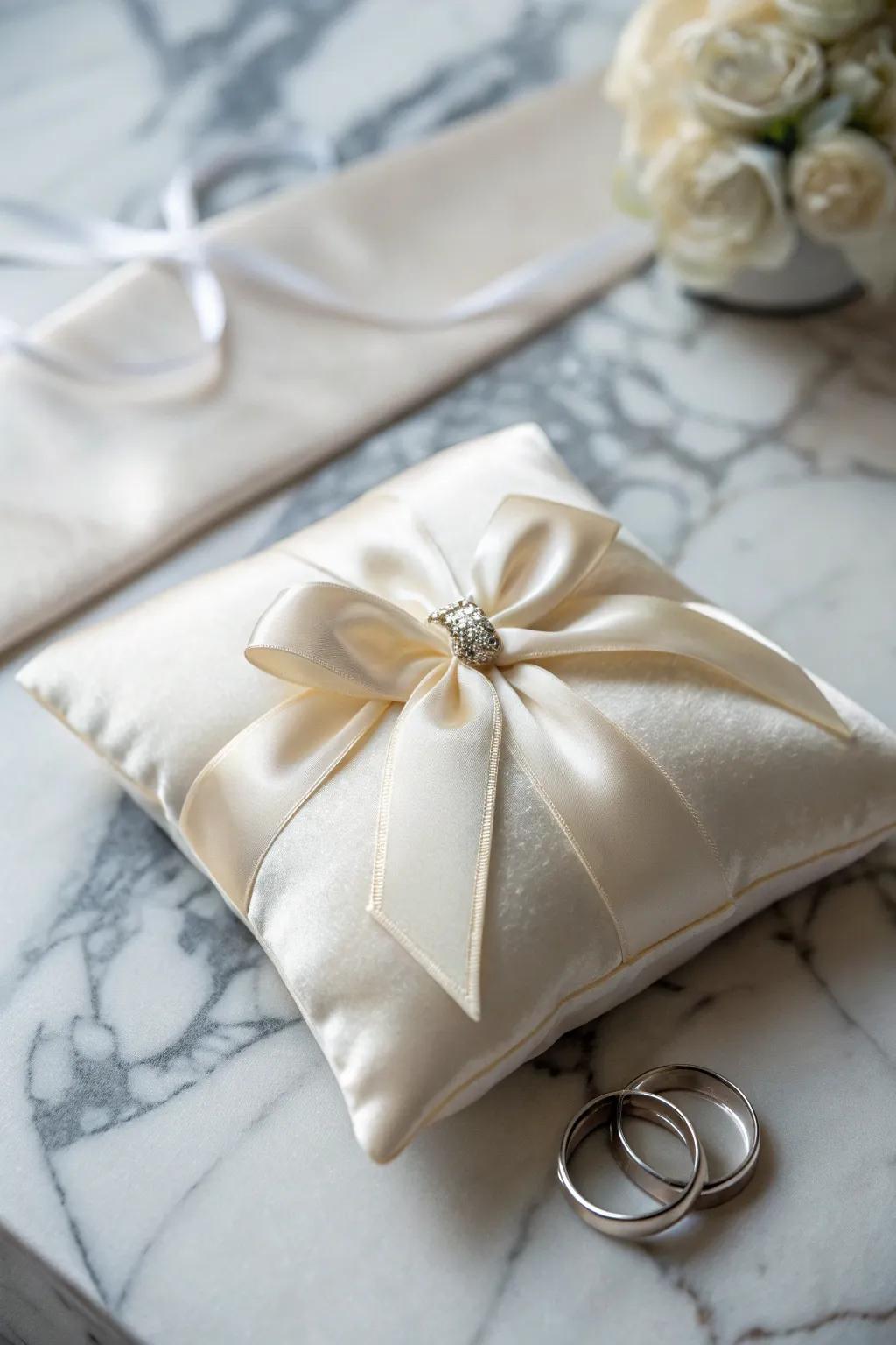 An opulent silken wedding ring cushion with a refined bow.