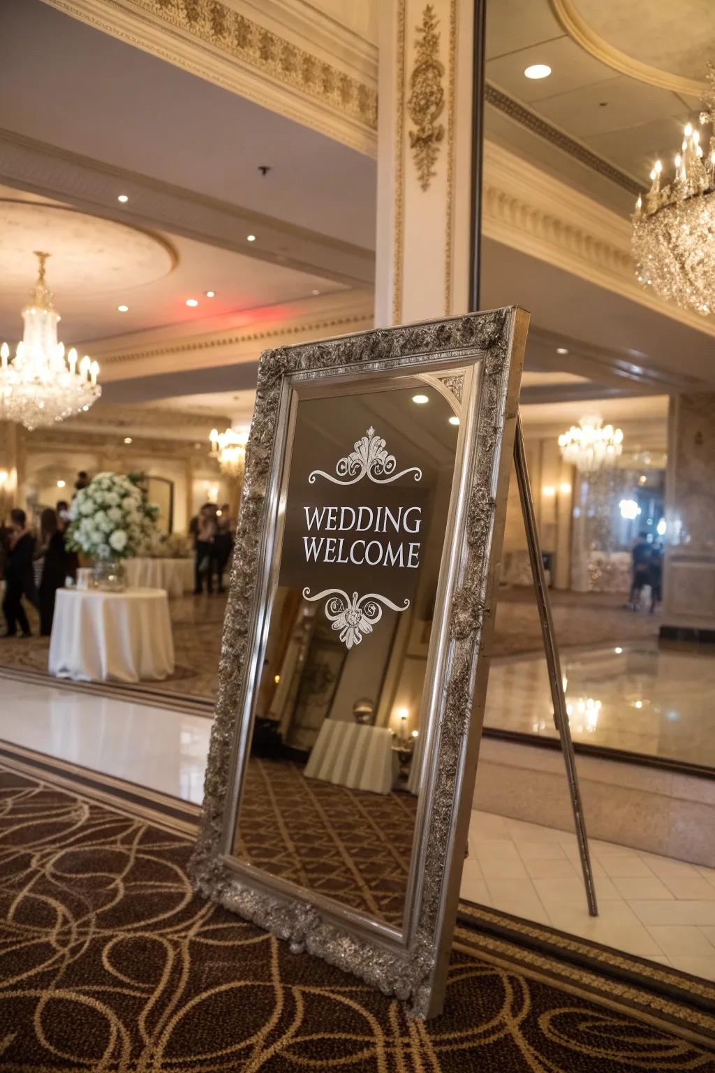 A glamorous reflective welcome board with elegant etching, ideal for a high-end venue.