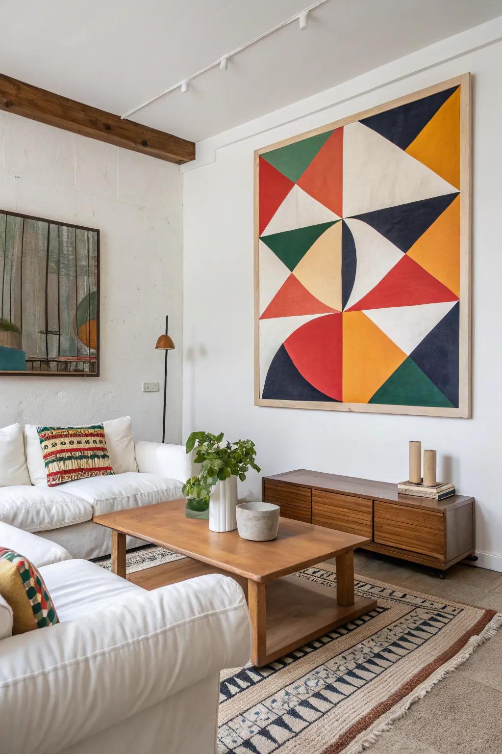 An abstract geometric painting infusing a minimalist space with modern sophistication.