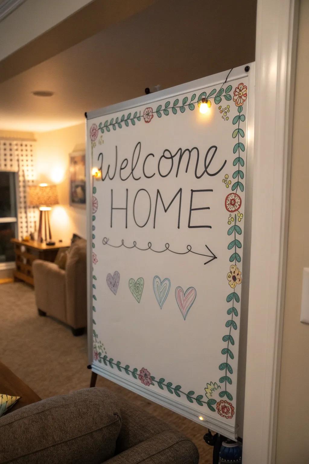 An artistic border encasing a welcome message on a display board.