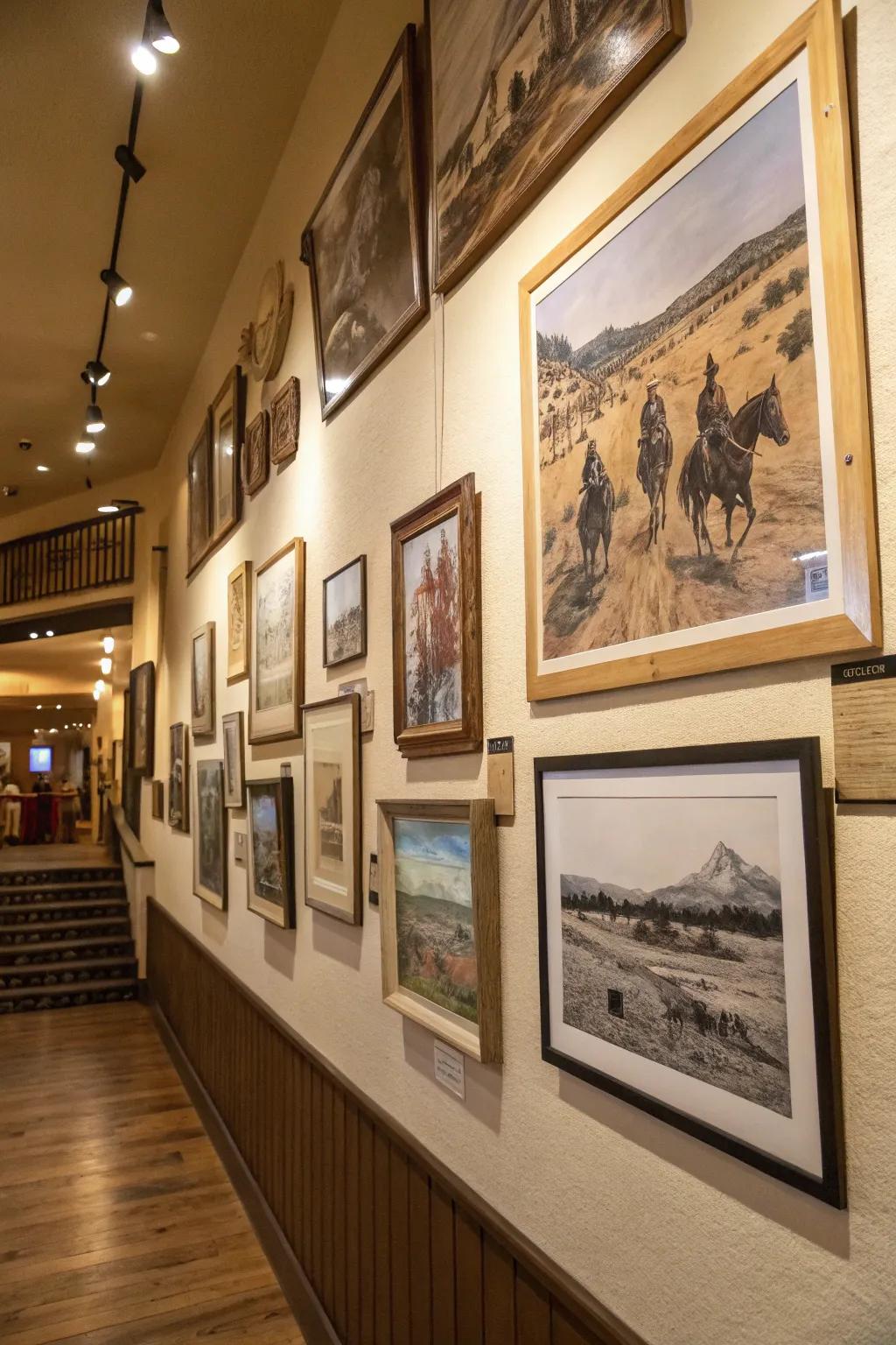 A Western-themed exhibition wall with diverse artistic expressions.