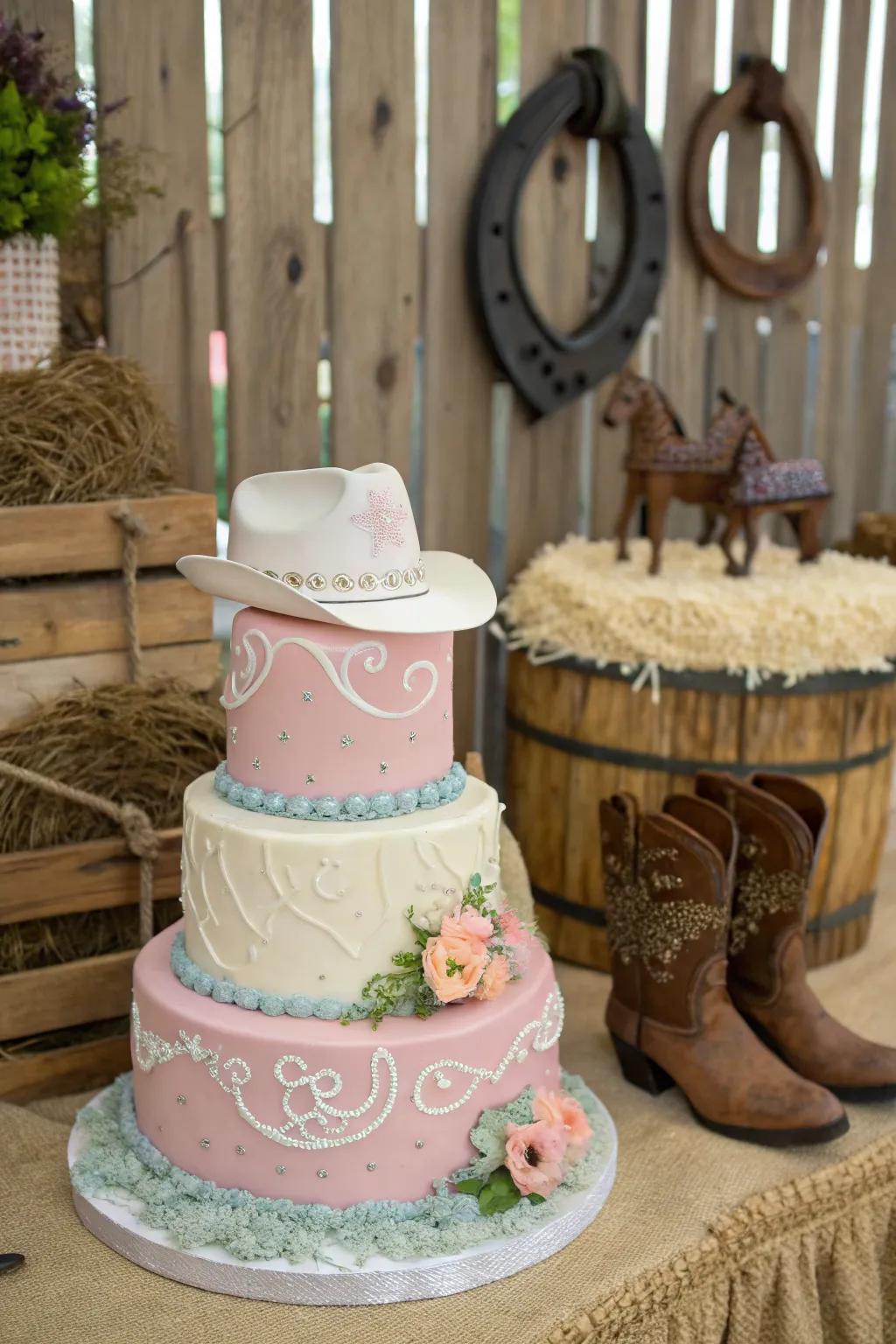 Cake crowned with cowpoke-inspired ornamentation.