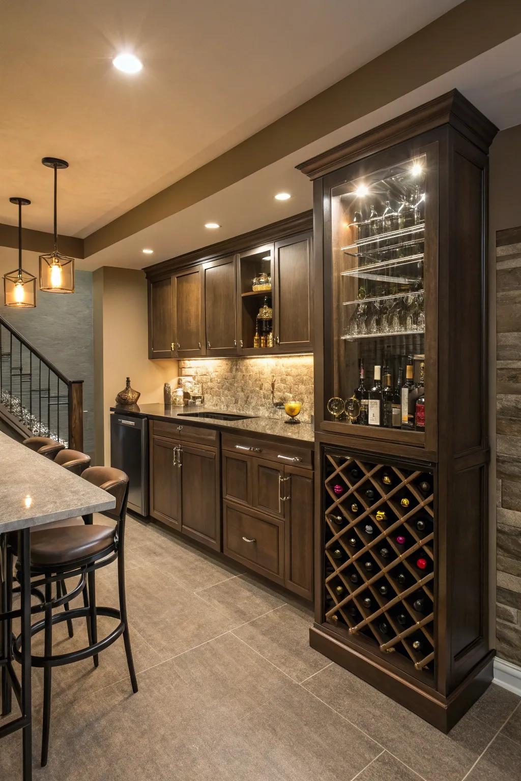 A wine rack wall not only stores your bottles but also acts as a stunning focal point.