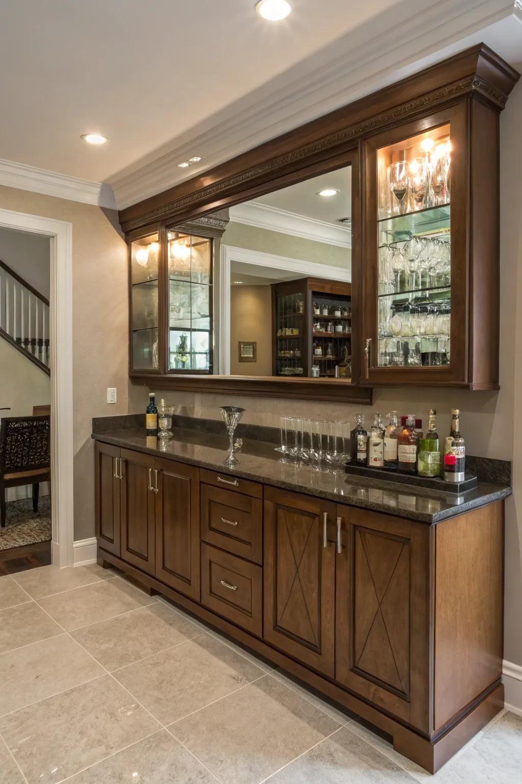 Improve your wet bar with a mirrored backsplash.