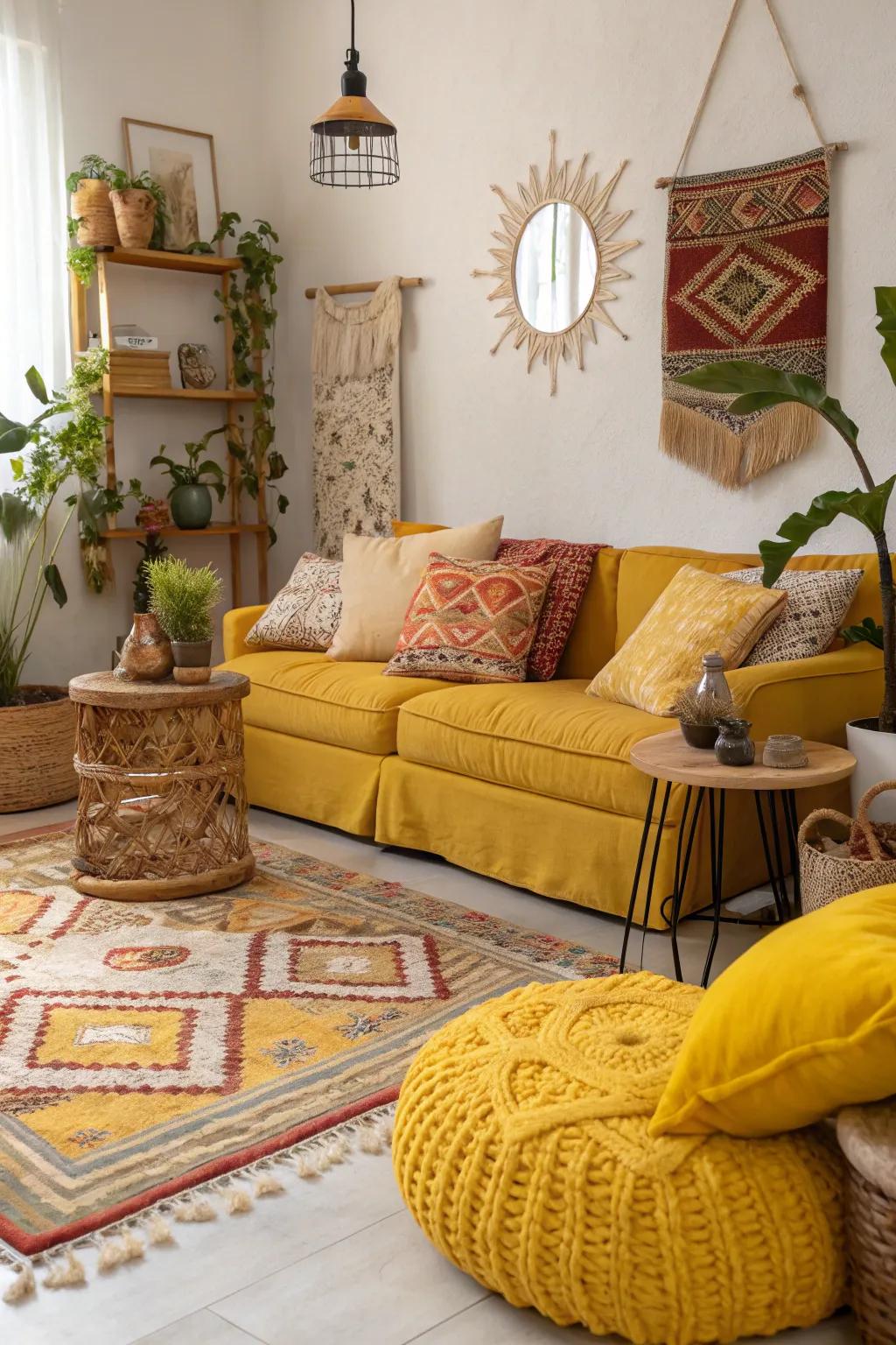 Boho living area enhanced with radiant yellow and ochre highlights.