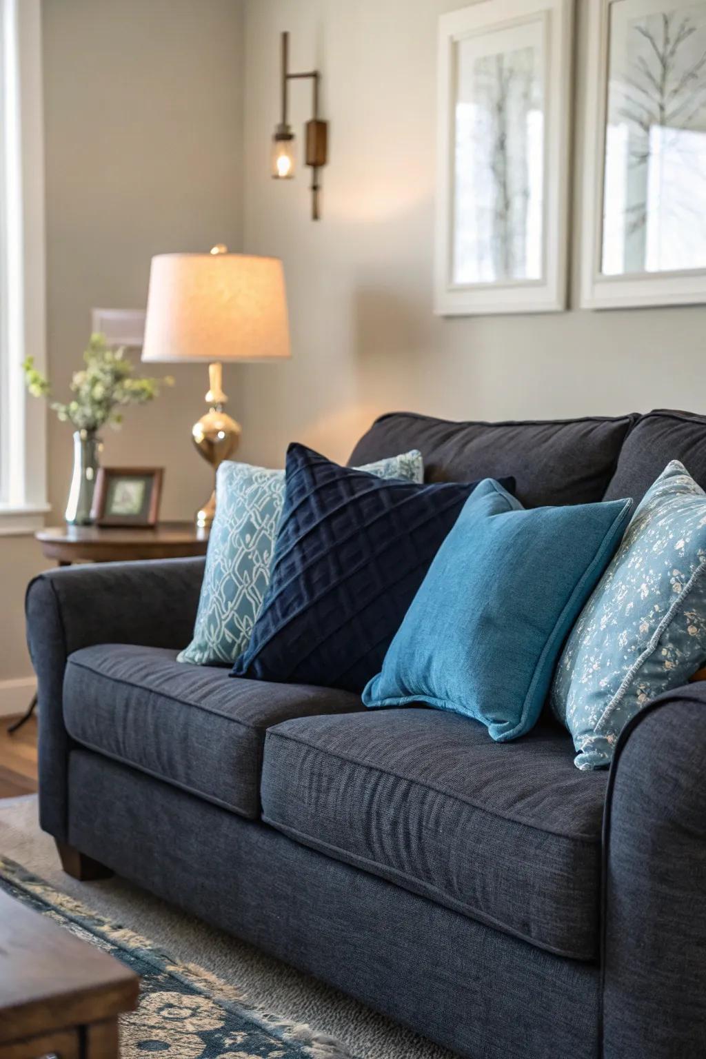 Serene shades of blue pillows complement the dark grey couch.