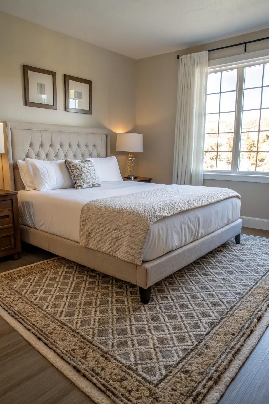 The 6x9 rug delivers a well-rounded and flexible option for an inviting bedroom environment.