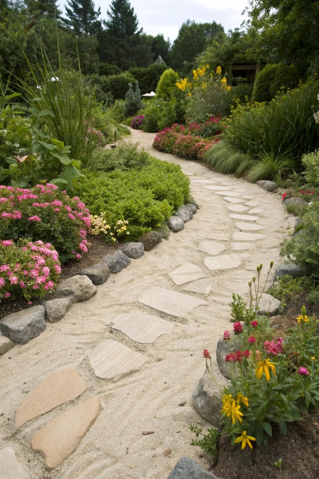 Flagstone path featuring sand for a consistent and naturally integrated visual.