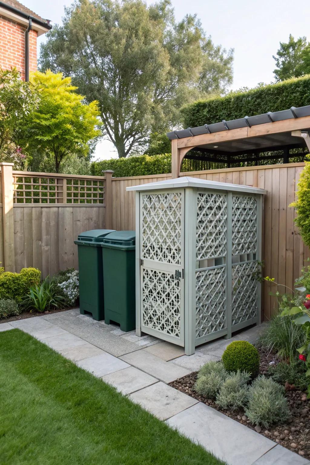 Include a modern touch with latticed trash bin stores.