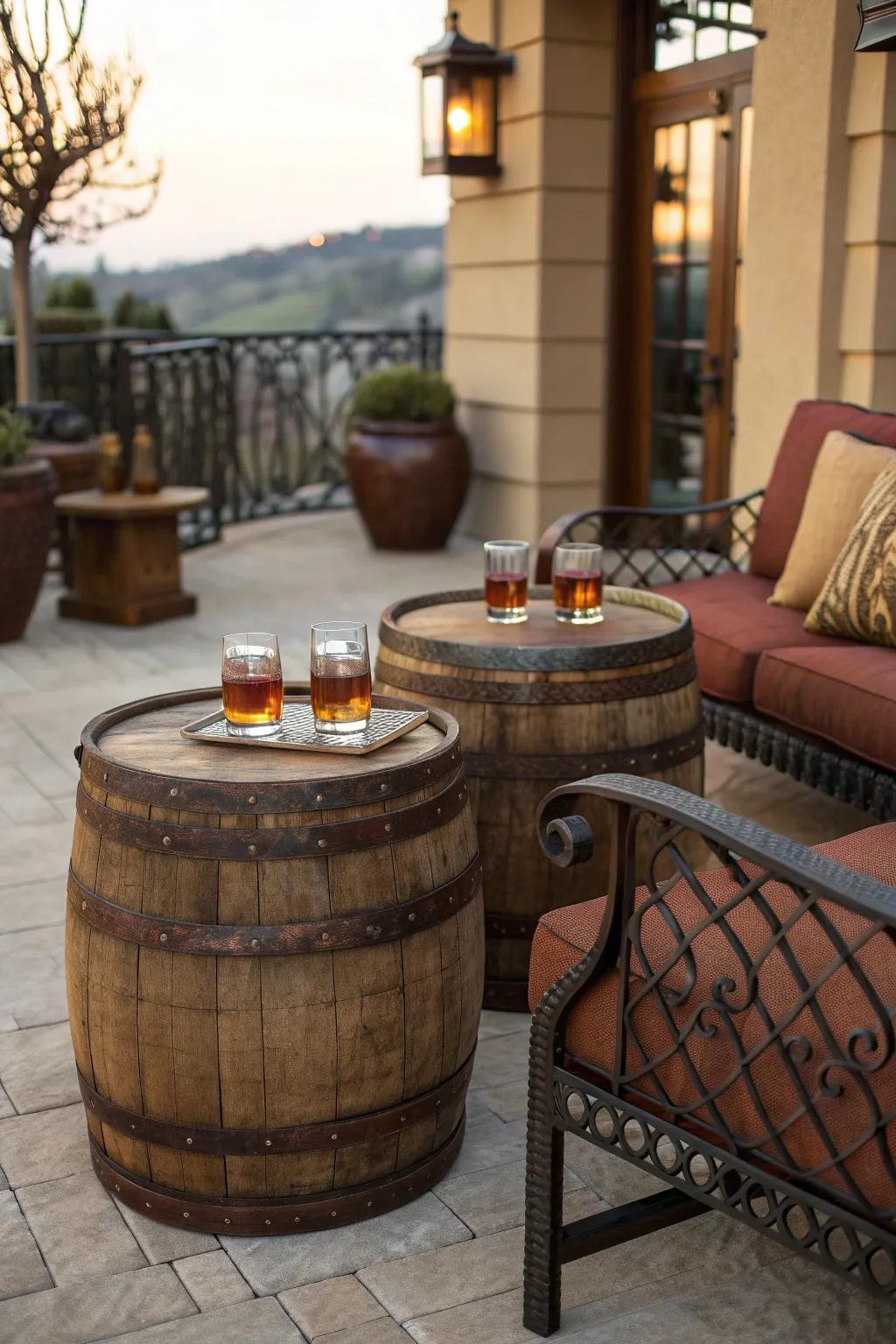 Bring the country feel outside with distiller's barrel tables on your patio for a welcoming vibe.