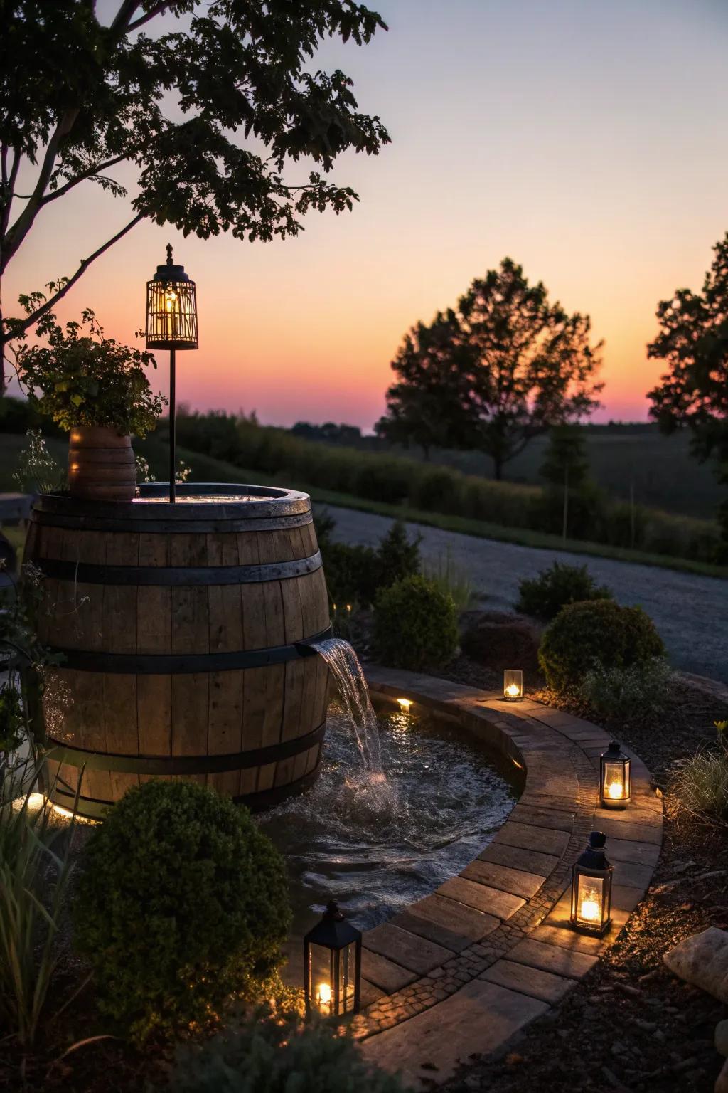 A quaint refurbished cask water element with sun-powered lights for a serene ambiance.