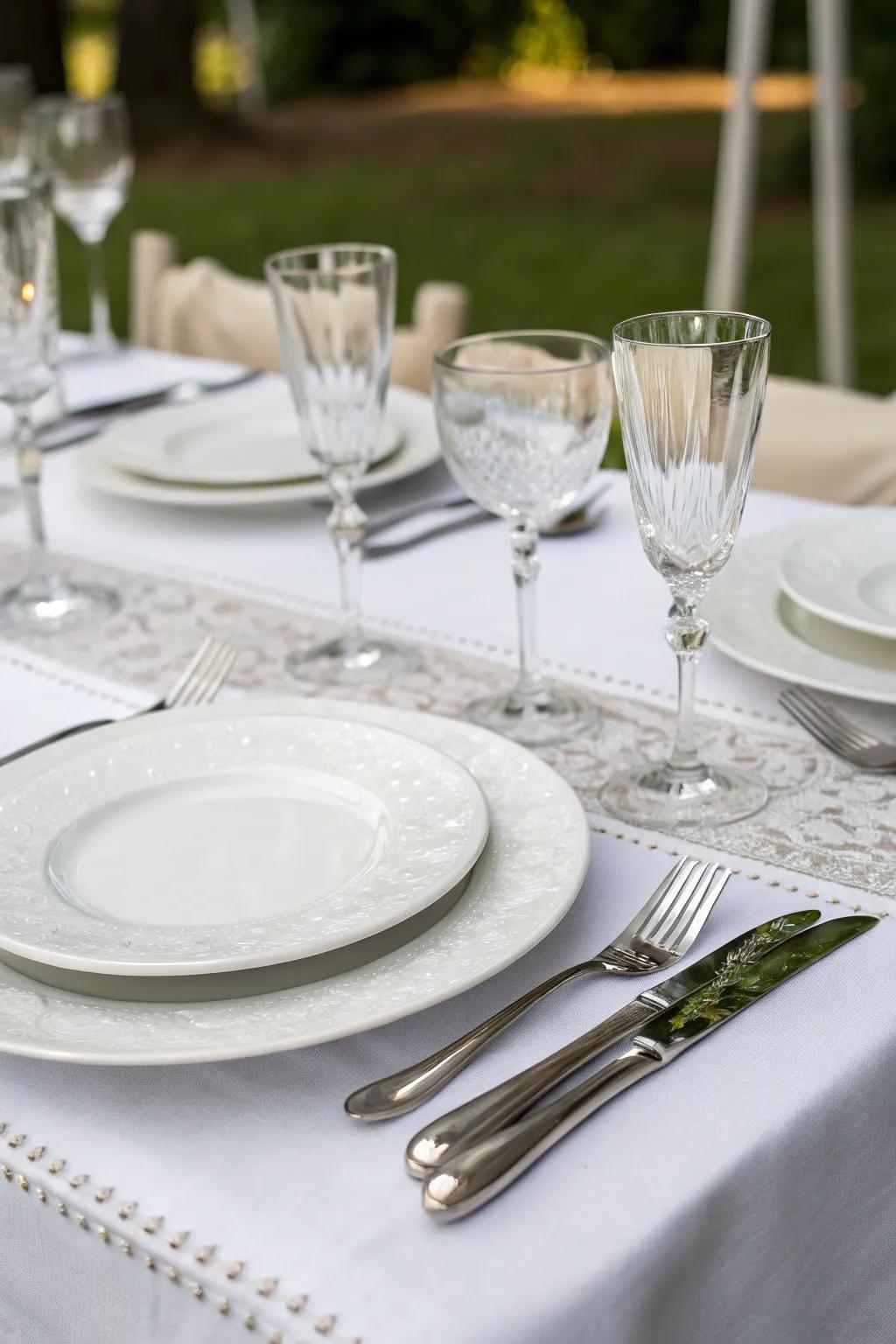 Lay out a sophisticated table with white and silver accents.