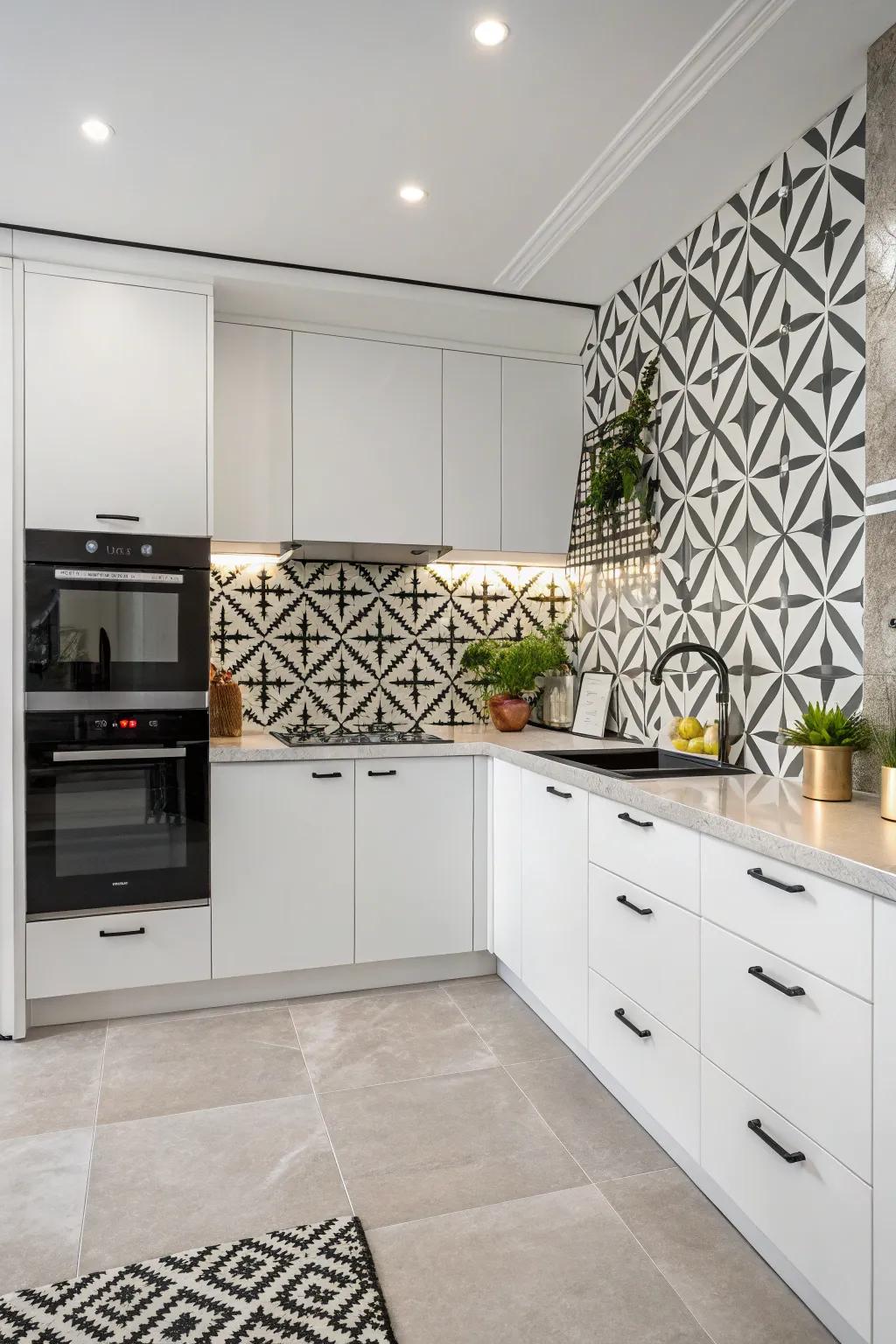 Dark and light geometric forms making a modern contrast to white cabinets.