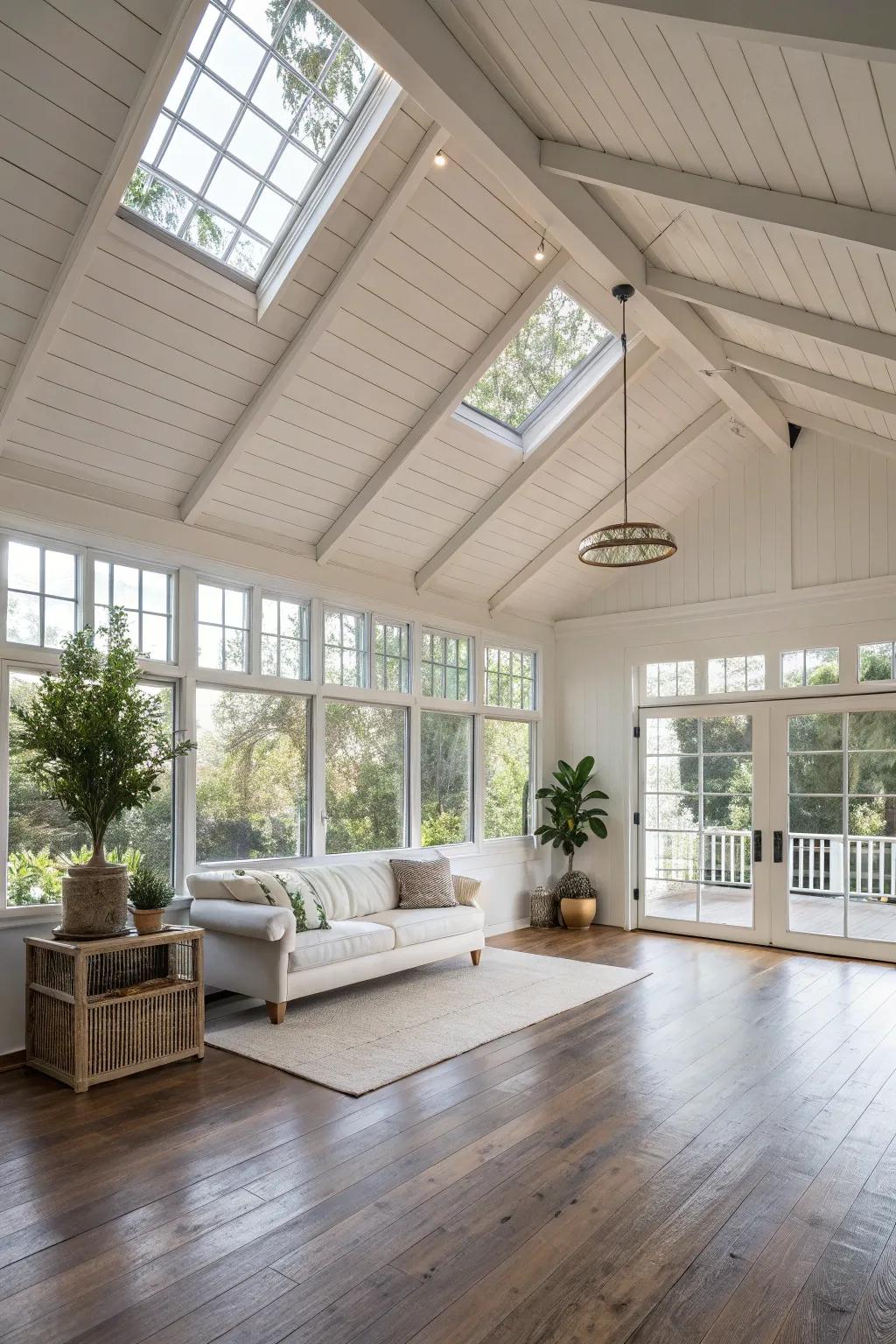 An open-concept living space featuring a white ceiling that amplifies the perception of space and light.