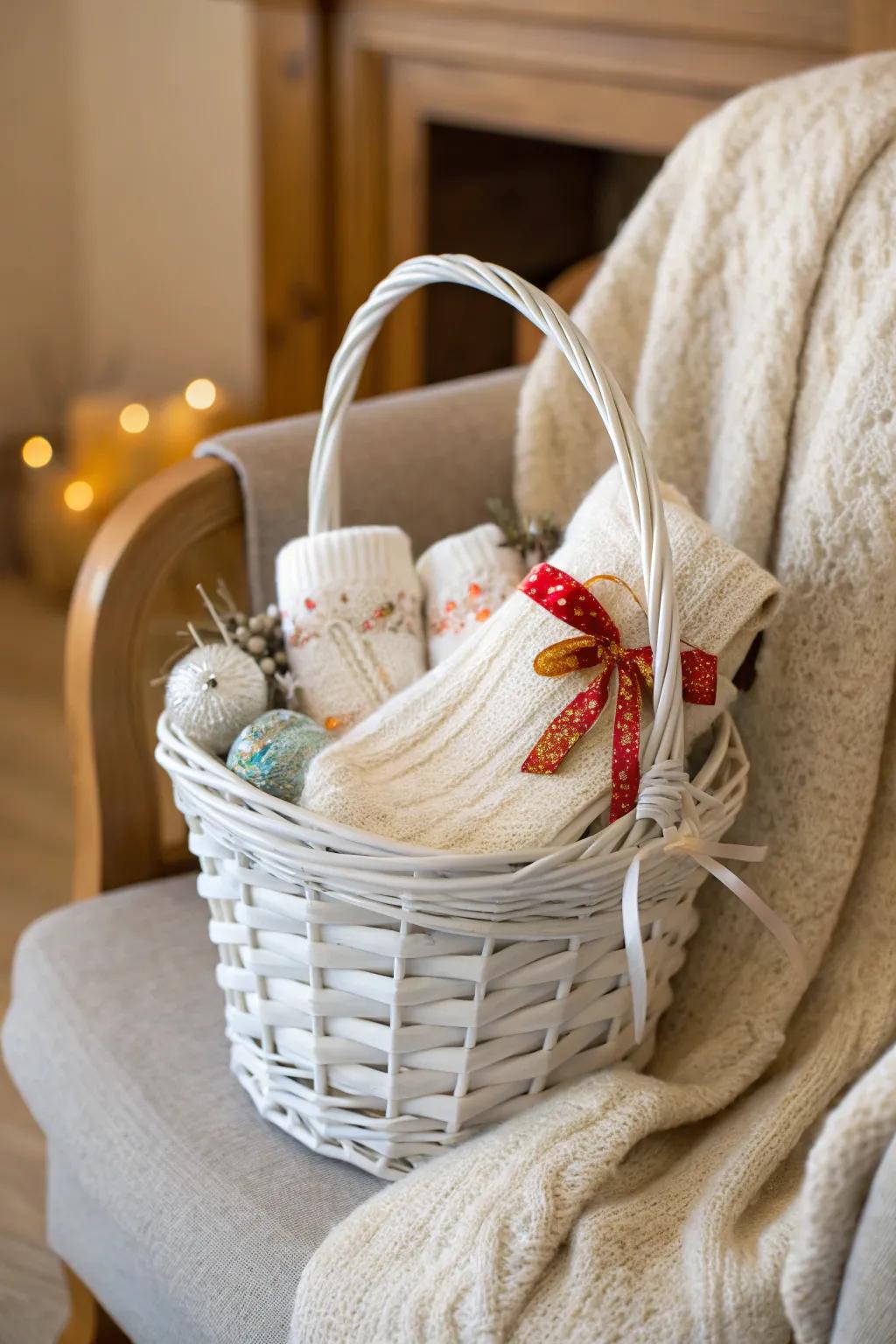 A toasty winter-themed white gift basket, warding off the chill in style.